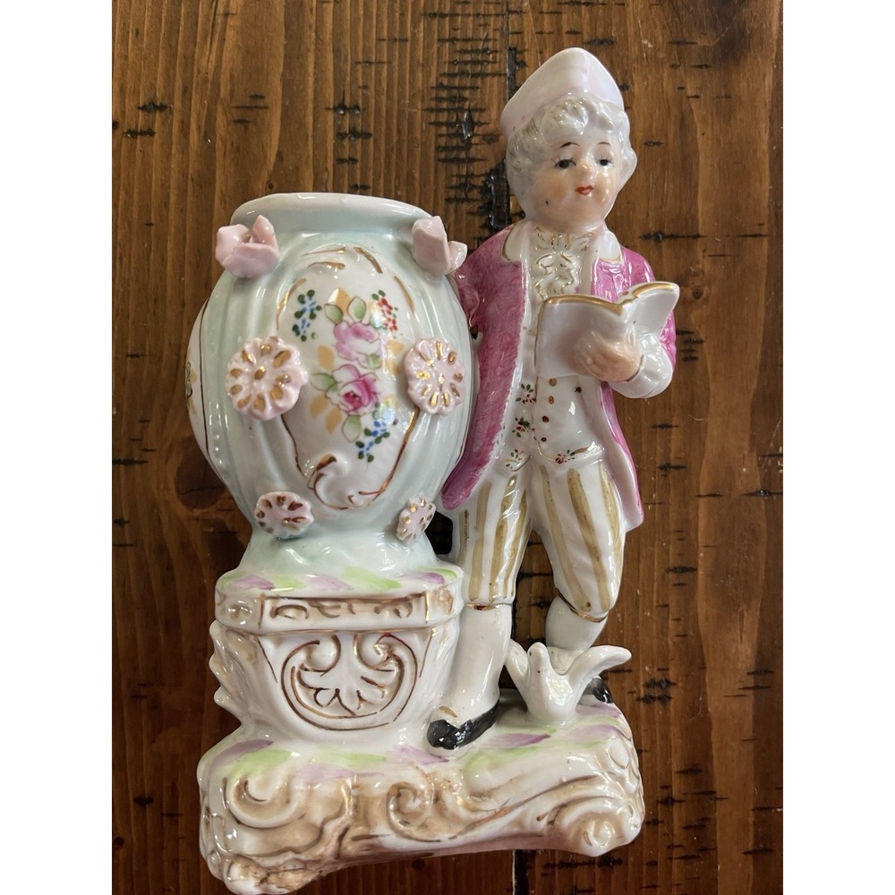 Antique Glazed Porcelain Figural Planter-Boy‎ Reading Book-Hand Painted Floral